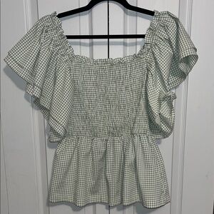 Vine & Love Sage Gingham Smocked Peplum Blouse